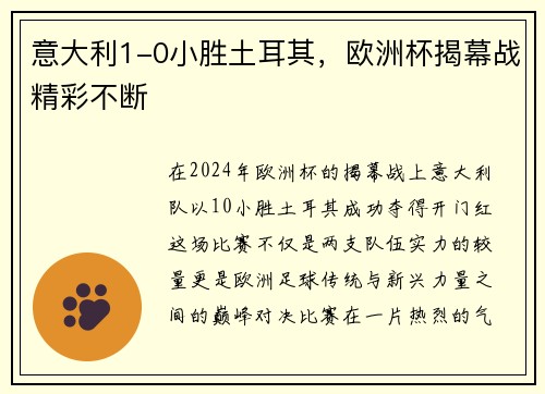 意大利1-0小胜土耳其，欧洲杯揭幕战精彩不断